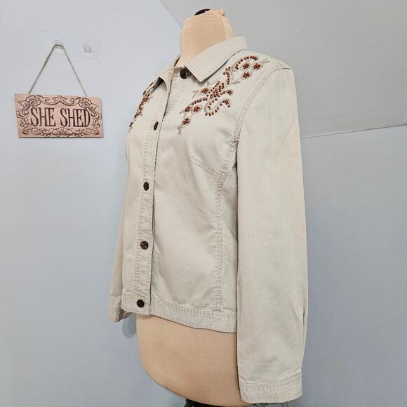 Susan Bristol Beaded Embroidered Embellished Button Front Top Shacket Neutral L - Picture 3 of 12